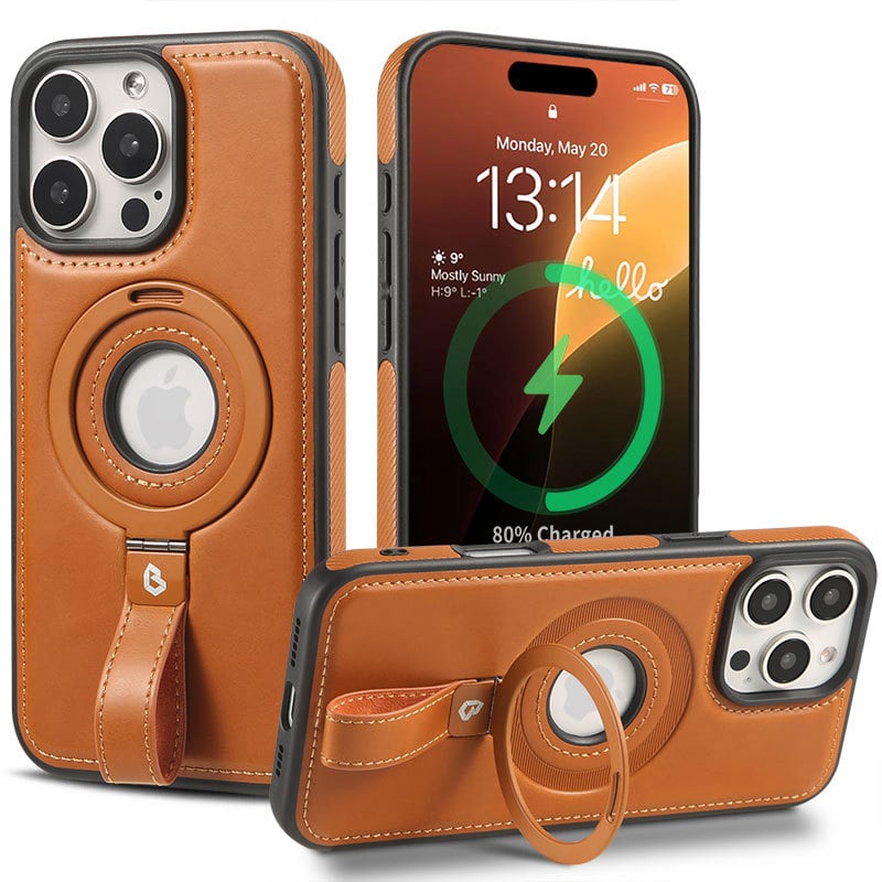 Carcasă pentru iPhone Apple cu suport magnetic (design dual; textură de piele; prelucrare CNC + turnare prin injecție; nituri; personalizare disponibilă)