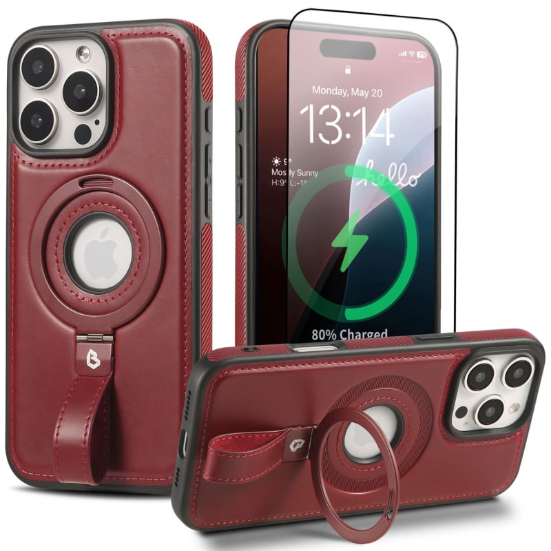 Carcasă pentru iPhone Apple cu suport magnetic (design dual; textură de piele; prelucrare CNC + turnare prin injecție; nituri; personalizare disponibilă)