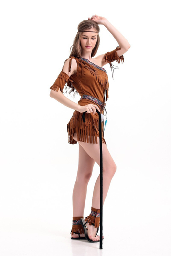 Indijanski inspirirani Halloween cosplay kostim s resicama, lovac u šumi; poliester materijal; za žene; pogodan za cosplay i igre uloga (anime cosplay); proljeće 2023 izdanje