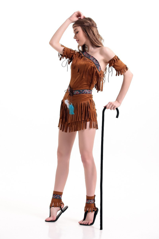 Indijanski inspirirani Halloween cosplay kostim s resicama, lovac u šumi; poliester materijal; za žene; pogodan za cosplay i igre uloga (anime cosplay); proljeće 2023 izdanje