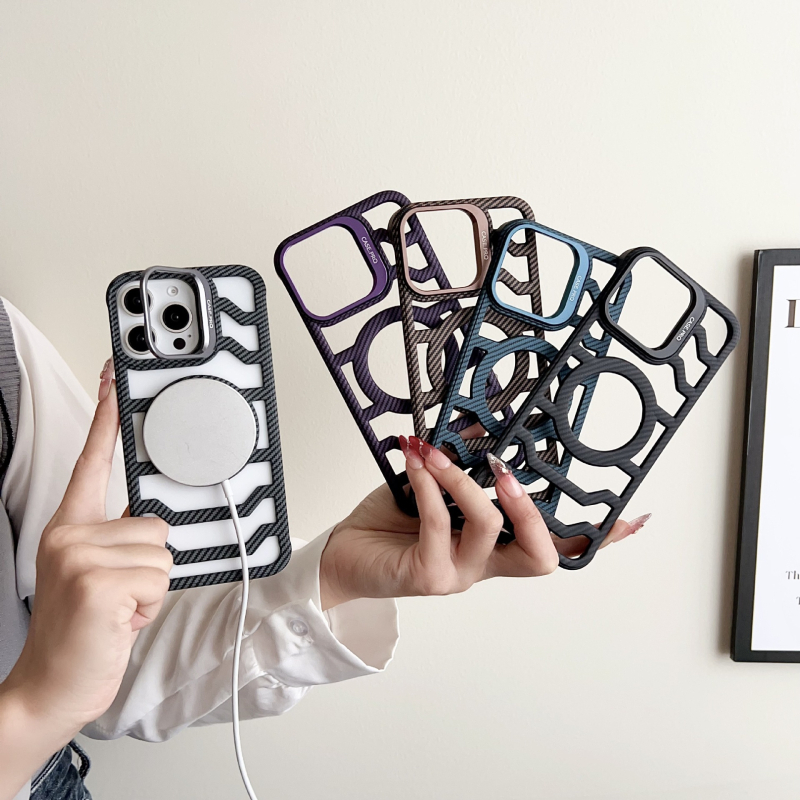 Maska od karbonskih vlakana za iPhone 17 Pro Max, magnetsko pričvršćivanje, odvod topline i postolje – bez okvira