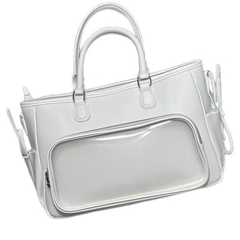 PU anyagú tote táska, horizontális négyzetes forma, zipzáras nyitás, belső cipzáras zseb, egy vállpánt, utcai stílus