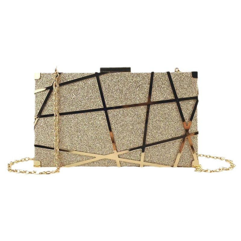 Metalni clutch, mali kvadratni oblik sa šljokicama, saten podstava, horizontalni oblik, zatvaranje kopčom
