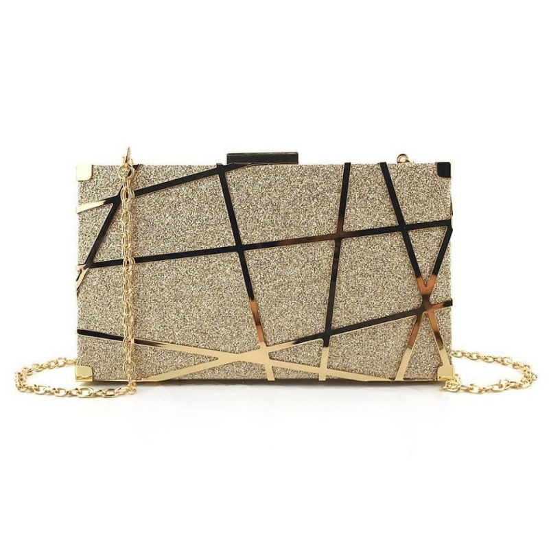 Metalni clutch, mali kvadratni oblik sa šljokicama, saten podstava, horizontalni oblik, zatvaranje kopčom