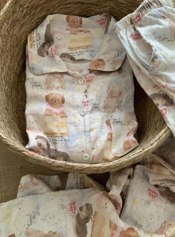 Ženski set pidžama, motiv zvijezda, 100% pamuk, ovratnik, dugi rukavi, duge hlače, prozračna kućna spavaća odjeća
