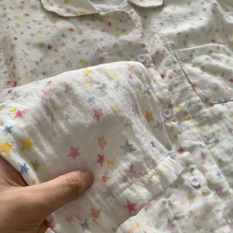 Ženski set pidžama, motiv zvijezda, 100% pamuk, ovratnik, dugi rukavi, duge hlače, prozračna kućna spavaća odjeća