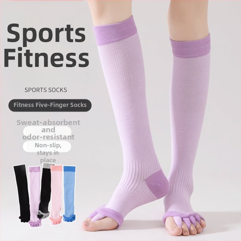 Йога чорапи с пет пръста, памук 50–70%, антихлъзгави, попиване на пот, до прасец, плетени с една игла