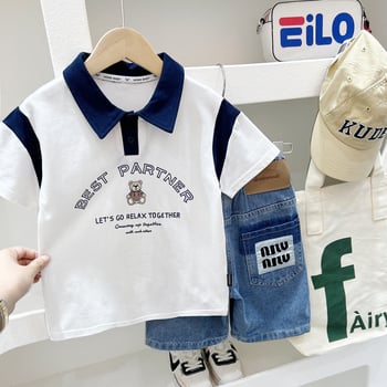 Polo majica za dječake - korejski stil, pamuk tkanina, tisk s slovima, za uzrast 3–8 godina, ljeto 2025