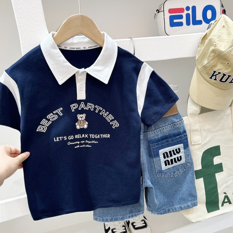 Polo majica za dječake - korejski stil, pamuk tkanina, tisk s slovima, za uzrast 3–8 godina, ljeto 2025