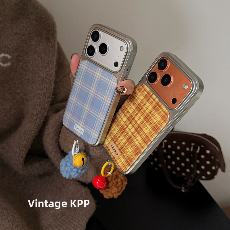 Kryt na telefón s retro káro vzorom v oranžovej a modrej farbe (Tvrdý kryt; Reliéfny povrch; Ochrana proti pádom)