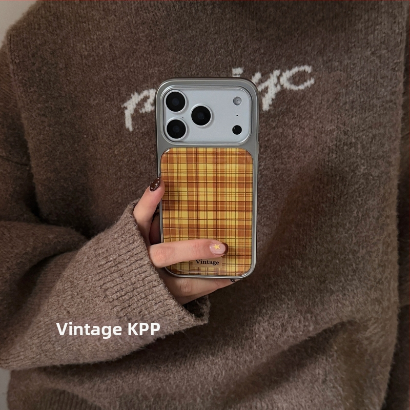 Kryt na telefón s retro káro vzorom v oranžovej a modrej farbe (Tvrdý kryt; Reliéfny povrch; Ochrana proti pádom)