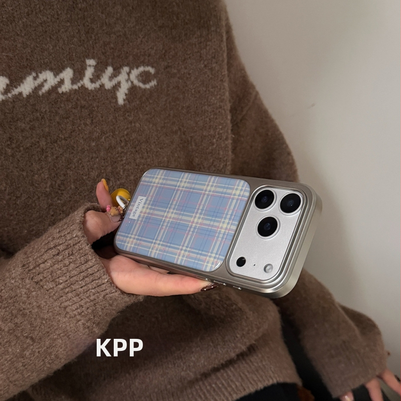 Kryt na telefón s retro káro vzorom v oranžovej a modrej farbe (Tvrdý kryt; Reliéfny povrch; Ochrana proti pádom)