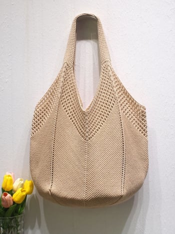 Torba za rameno od poliesterskog pletenog materijala s prozračnim dizajnom, vertikalni kvadratni oblik, otvoreni gornji dio, pretinac za telefon