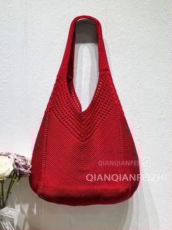 Torba za rameno od poliesterskog pletenog materijala s prozračnim dizajnom, vertikalni kvadratni oblik, otvoreni gornji dio, pretinac za telefon