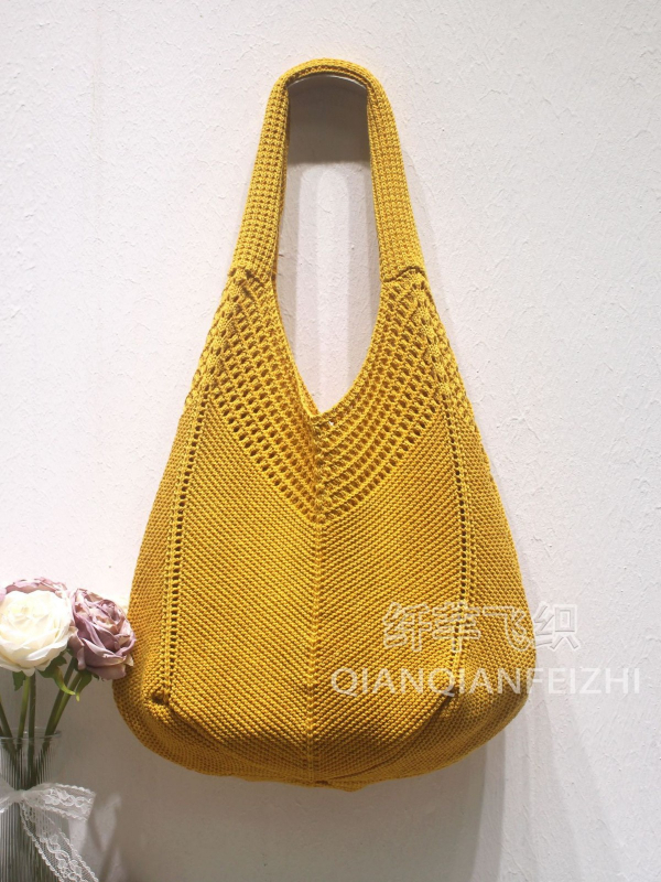 Torba za rameno od poliesterskog pletenog materijala s prozračnim dizajnom, vertikalni kvadratni oblik, otvoreni gornji dio, pretinac za telefon