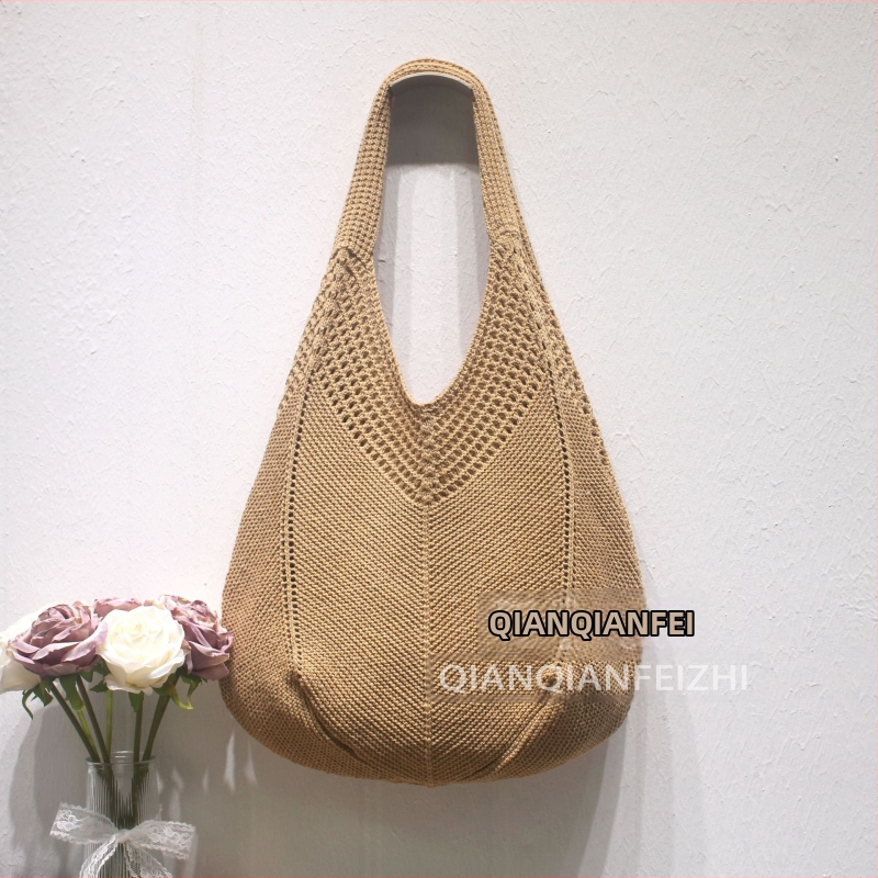 Torba za rameno od poliesterskog pletenog materijala s prozračnim dizajnom, vertikalni kvadratni oblik, otvoreni gornji dio, pretinac za telefon