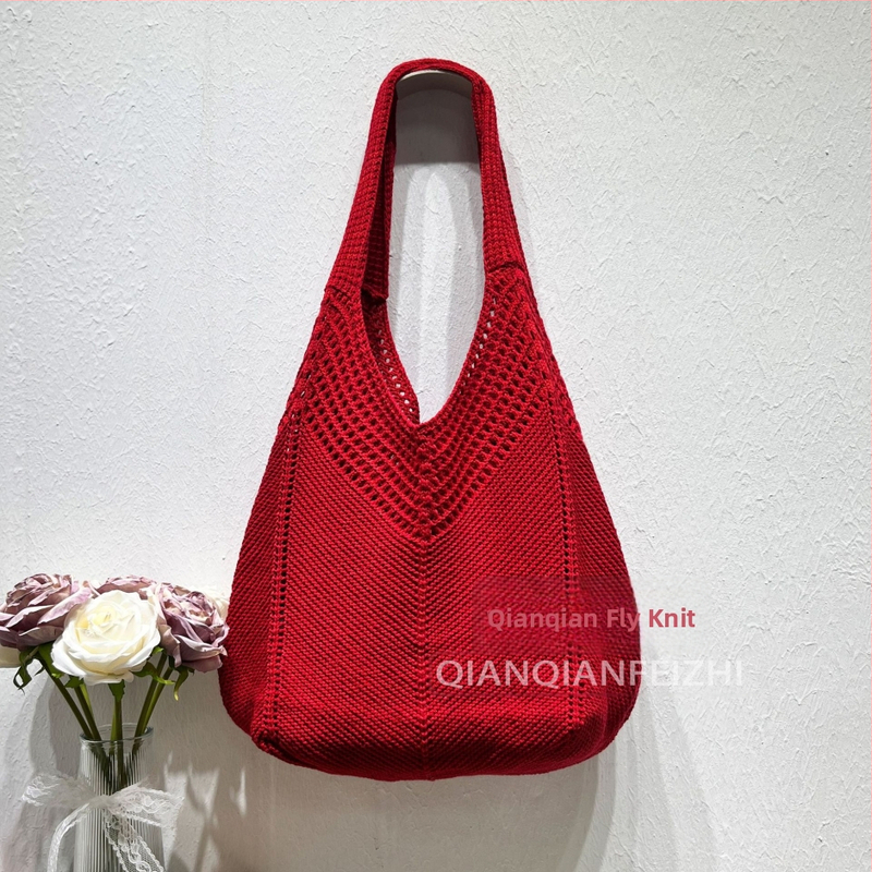 Torba za rameno od poliesterskog pletenog materijala s prozračnim dizajnom, vertikalni kvadratni oblik, otvoreni gornji dio, pretinac za telefon