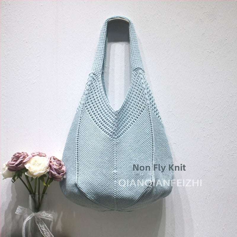 Torba za rameno od poliesterskog pletenog materijala s prozračnim dizajnom, vertikalni kvadratni oblik, otvoreni gornji dio, pretinac za telefon