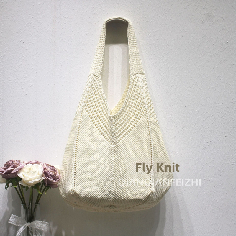 Torba za rameno od poliesterskog pletenog materijala s prozračnim dizajnom, vertikalni kvadratni oblik, otvoreni gornji dio, pretinac za telefon