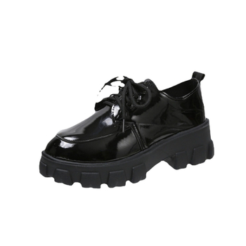 Дамски обувки с дебела подметка, кръгъл нос, изкуствена кожа, среден ток 3-5 см, връзки