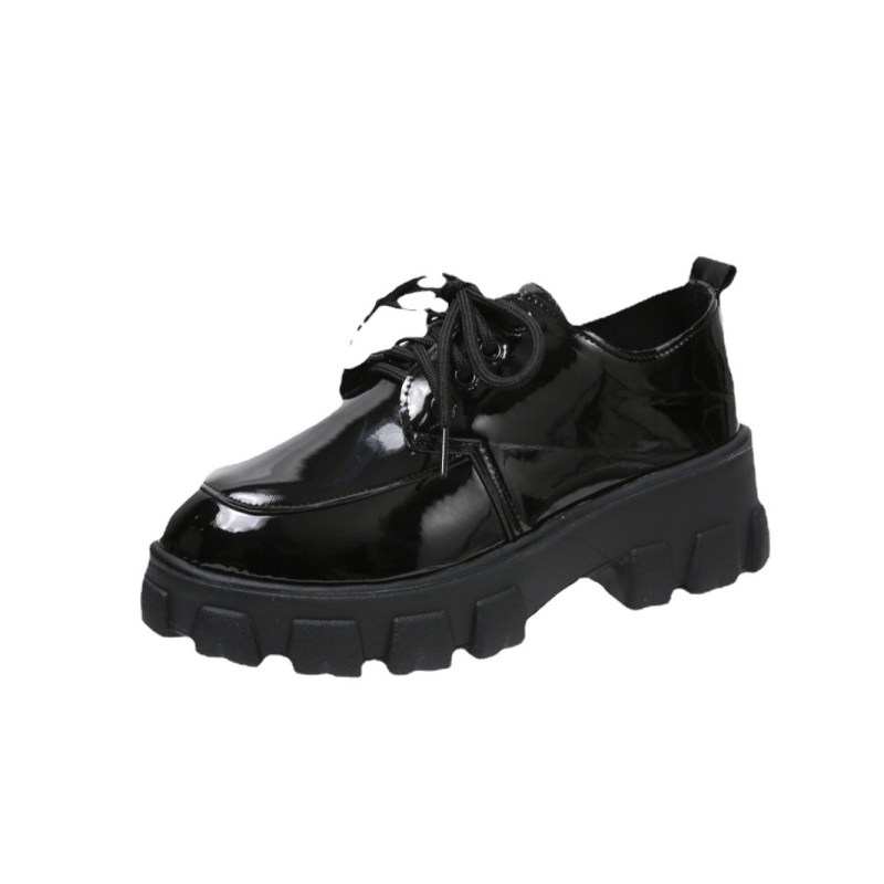 Дамски обувки с дебела подметка, кръгъл нос, изкуствена кожа, среден ток 3-5 см, връзки