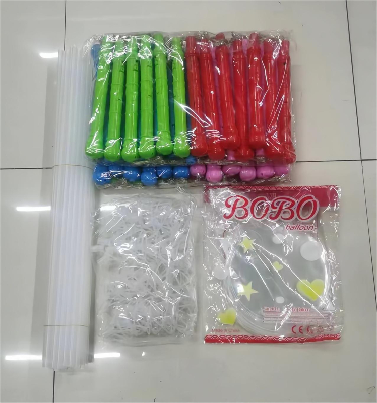 Fénylő játék készlet ballonfogóval és BoBo golyóval – műanyag, kerek, hullámgömb típusú ballonok, nyomtatott logó