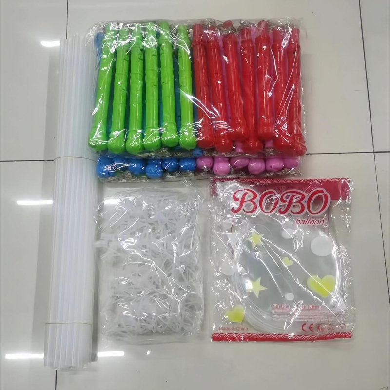 Fénylő játék készlet ballonfogóval és BoBo golyóval – műanyag, kerek, hullámgömb típusú ballonok, nyomtatott logó