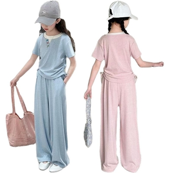 Lányoknak szóló két részes ice silk készlet, rövid ujjú, nyár, koreai stílus, sportos casual dizájn széleslábú egyenes nadrággal, 100% poliészter