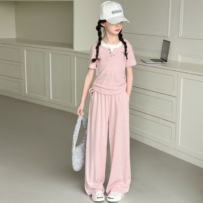 Lányoknak szóló két részes ice silk készlet, rövid ujjú, nyár, koreai stílus, sportos casual dizájn széleslábú egyenes nadrággal, 100% poliészter