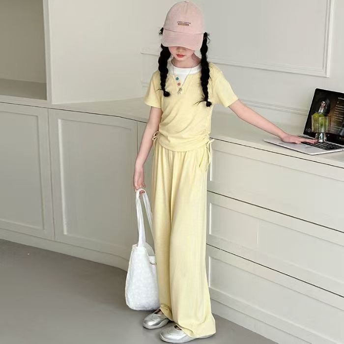 Lányoknak szóló két részes ice silk készlet, rövid ujjú, nyár, koreai stílus, sportos casual dizájn széleslábú egyenes nadrággal, 100% poliészter