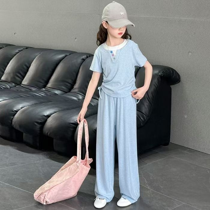 Lányoknak szóló két részes ice silk készlet, rövid ujjú, nyár, koreai stílus, sportos casual dizájn széleslábú egyenes nadrággal, 100% poliészter
