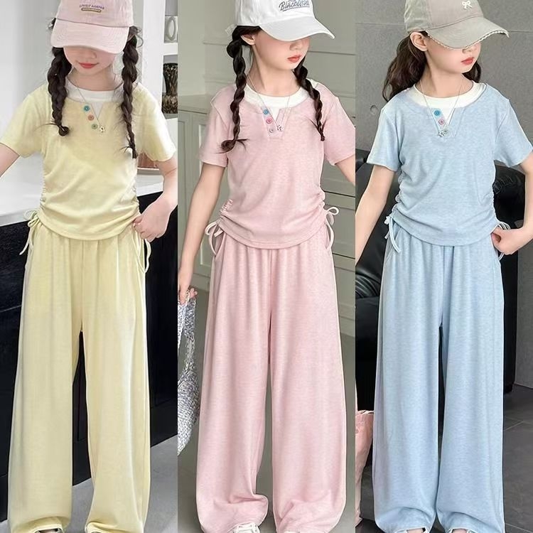 Lányoknak szóló két részes ice silk készlet, rövid ujjú, nyár, koreai stílus, sportos casual dizájn széleslábú egyenes nadrággal, 100% poliészter