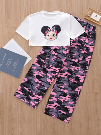 Lányoknak szóló két részes szett: rövid ujjú póló és kamufláz hip-hop cargo nadrág, 8 éves kor felettieknek, egész éves viselet