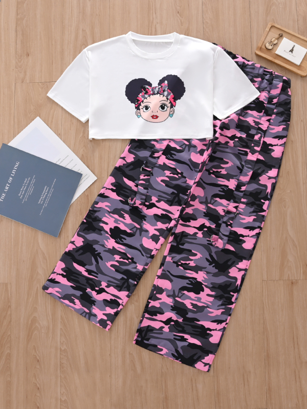 Lányoknak szóló két részes szett: rövid ujjú póló és kamufláz hip-hop cargo nadrág, 8 éves kor felettieknek, egész éves viselet