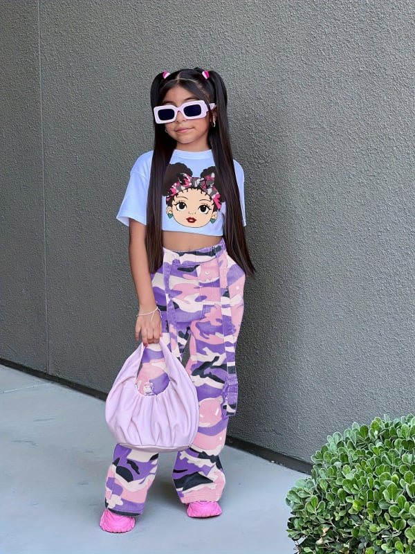 Lányoknak szóló két részes szett: rövid ujjú póló és kamufláz hip-hop cargo nadrág, 8 éves kor felettieknek, egész éves viselet
