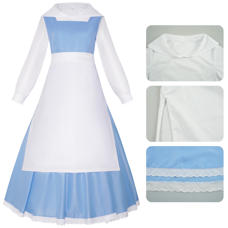 Haljina za cosplay službenice inspirirana Belle za Halloween; pamuk-elastan mješavina (50–70% pamuk, 30–50% elastan); pogodno za ženski cosplay u igrama i anime; jesen 2022; dob 18–24.