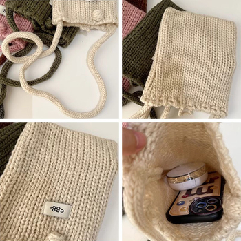Pamukova pletene torbica za telefon, vertikalno kvadratnog oblika, crossbody s vezicom, mekano pletenje, svjež i sladak stil