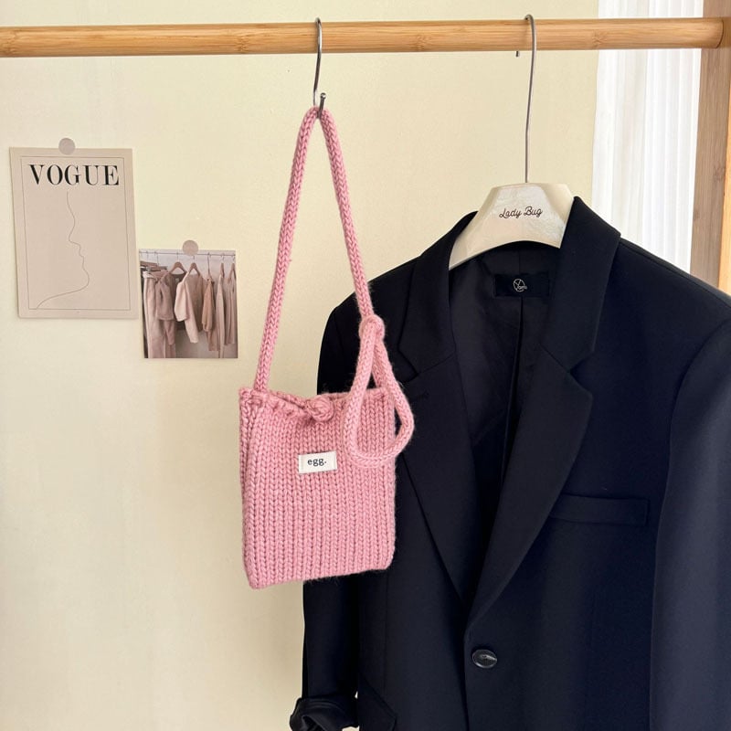 Pamukova pletene torbica za telefon, vertikalno kvadratnog oblika, crossbody s vezicom, mekano pletenje, svjež i sladak stil