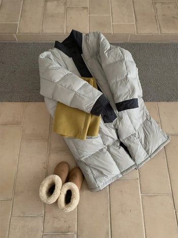 Пухено яке (реверсивно), в корейски стил, със стойка яка, полиестерна тъкан, пълнеж от патешко пух, дълго