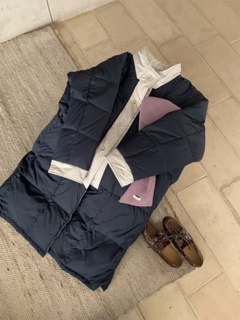 Пухено яке (реверсивно), в корейски стил, със стойка яка, полиестерна тъкан, пълнеж от патешко пух, дълго