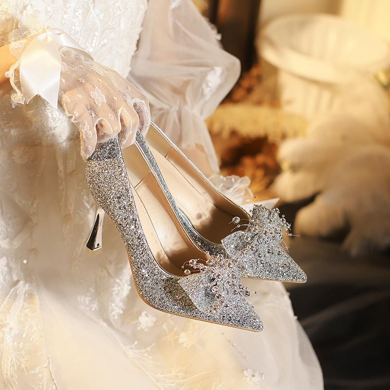 Amongqing сватбени обувки за жени – остър нос, 6–8 cm токчета, корейски стил, горнище от микрофибър