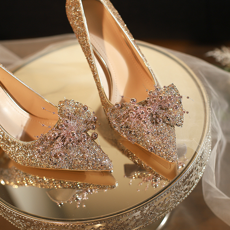 Amongqing сватбени обувки за жени – остър нос, 6–8 cm токчета, корейски стил, горнище от микрофибър