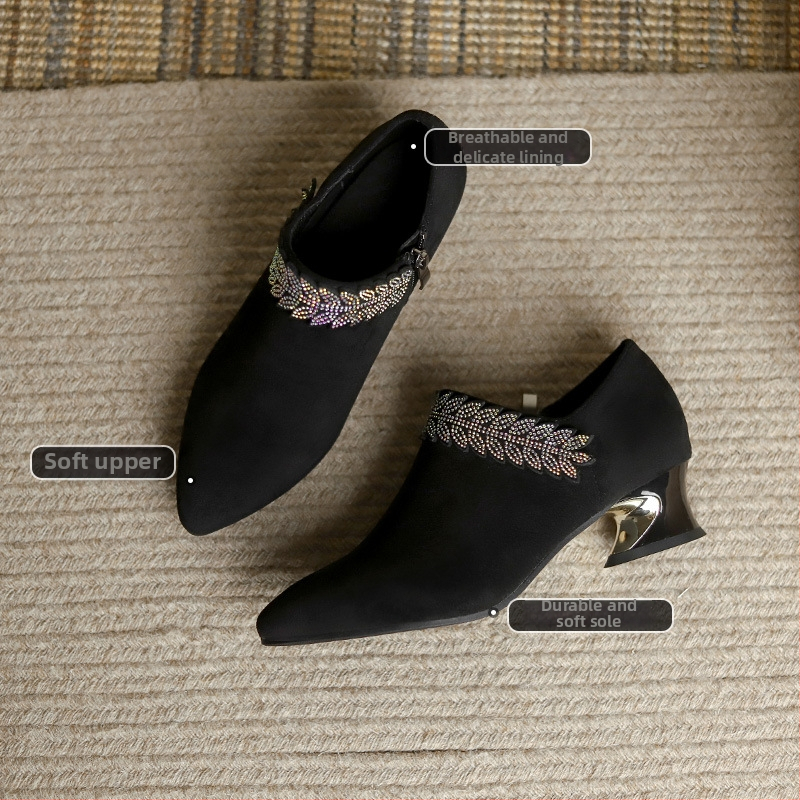 Pantofi dama cu varf ascuțit, nabuk, toc mic, fermoar lateral, talpă din cauciuc