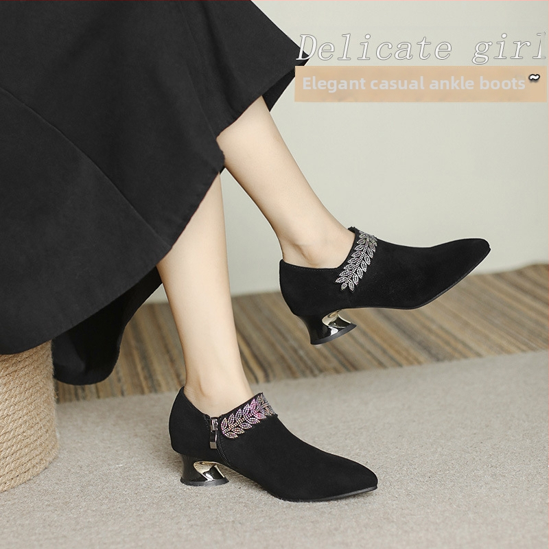 Pantofi dama cu varf ascuțit, nabuk, toc mic, fermoar lateral, talpă din cauciuc