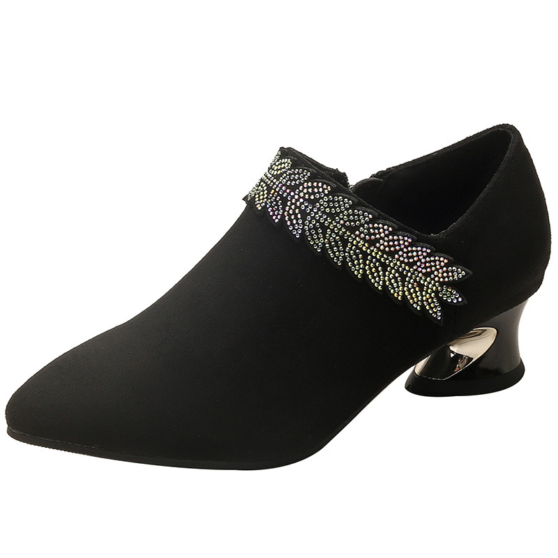 Pantofi dama cu varf ascuțit, nabuk, toc mic, fermoar lateral, talpă din cauciuc