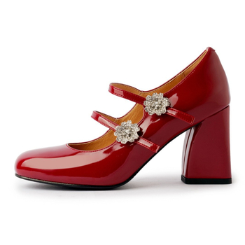 Дамски обувки Мери Джейн от естествена кожа с кристална катарама, дебел ток 3–6 см