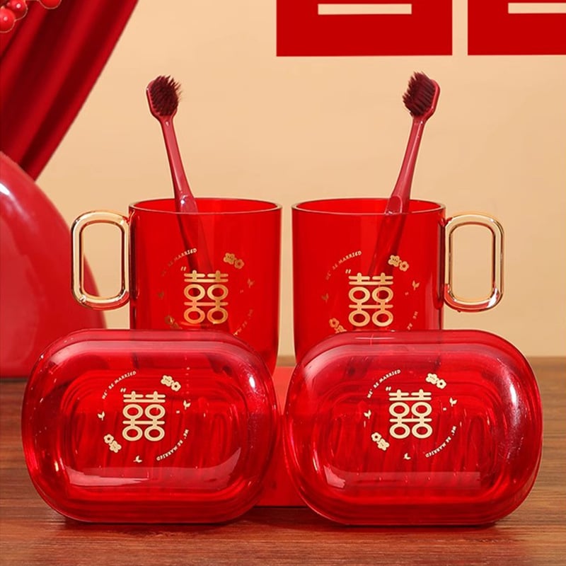 Vjenčani set čašica za četkice i posuda za sapun, plastika, pakirano u OPP vrećicu, za vjenčanje