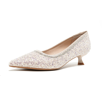 Сватбени обувки за жени – остър нос, сатенен горен материал, нисък ток, котешки ток, PU стелка