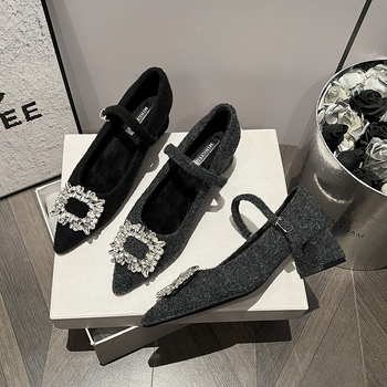 Mary Jane cipele s kristalnom kopčom, oštar nos, microfiber gornji dio, srednji peti 3–6 cm, ulošak od kašmira smjese