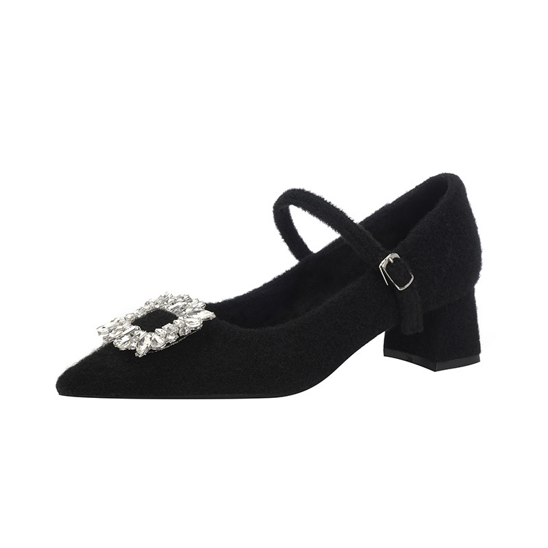 Mary Jane cipele s kristalnom kopčom, oštar nos, microfiber gornji dio, srednji peti 3–6 cm, ulošak od kašmira smjese
